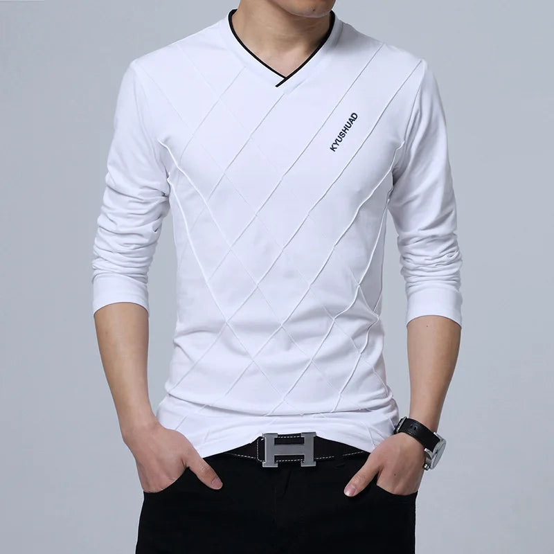 BROWON 2026 Fashion Men T-shirt Slim Fit Custom T-shirt Crease Design Long Stylish Luxury V Neck Fitness T-shirt Tee Shirt Homme