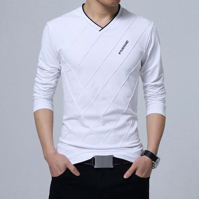 BROWON 2026 Fashion Men T-shirt Slim Fit Custom T-shirt Crease Design Long Stylish Luxury V Neck Fitness T-shirt Tee Shirt Homme
