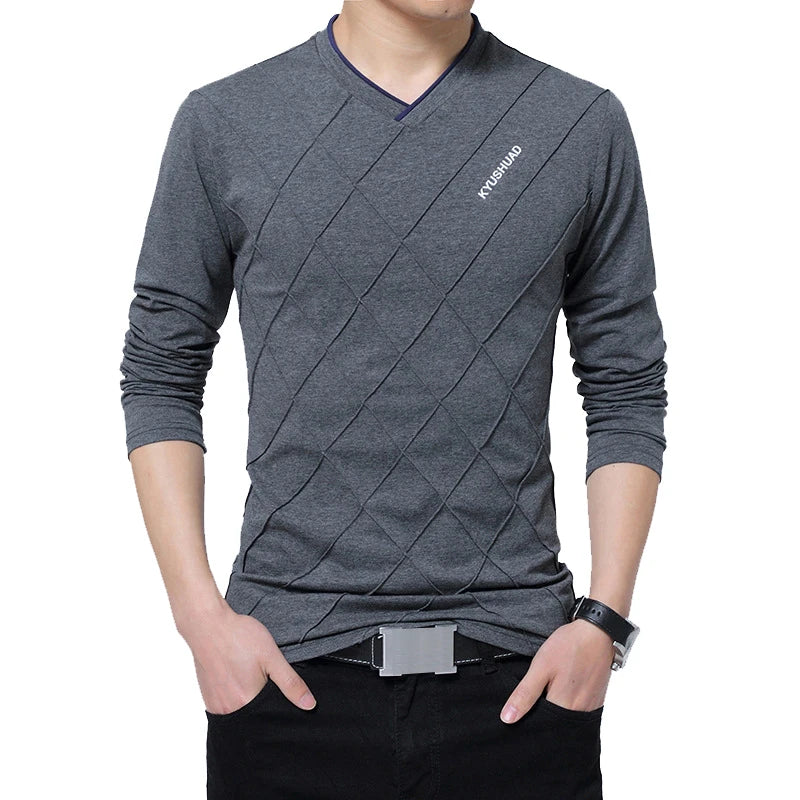 BROWON 2026 Fashion Men T-shirt Slim Fit Custom T-shirt Crease Design Long Stylish Luxury V Neck Fitness T-shirt Tee Shirt Homme