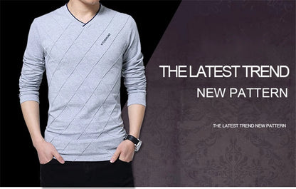 BROWON 2026 Fashion Men T-shirt Slim Fit Custom T-shirt Crease Design Long Stylish Luxury V Neck Fitness T-shirt Tee Shirt Homme