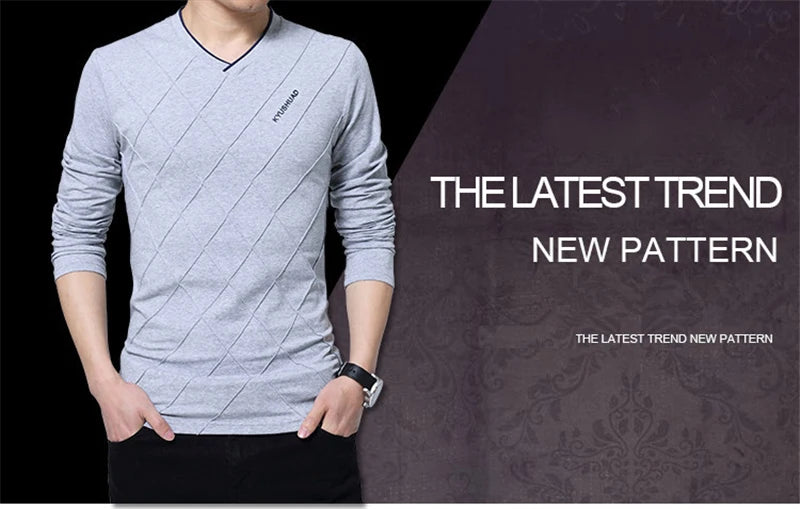BROWON 2026 Fashion Men T-shirt Slim Fit Custom T-shirt Crease Design Long Stylish Luxury V Neck Fitness T-shirt Tee Shirt Homme