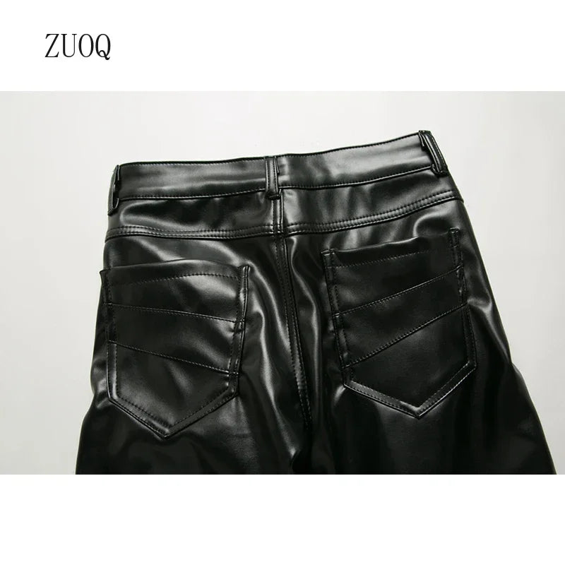 New Winter Men Skinny Biker Pu Leather Pants High Street Fashion Motorcycle Trousers for Male Stage Club Wear