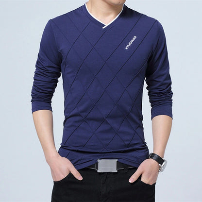 BROWON 2026 Fashion Men T-shirt Slim Fit Custom T-shirt Crease Design Long Stylish Luxury V Neck Fitness T-shirt Tee Shirt Homme