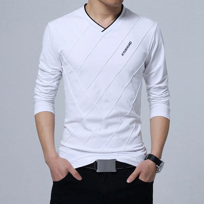 BROWON 2026 Fashion Men T-shirt Slim Fit Custom T-shirt Crease Design Long Stylish Luxury V Neck Fitness T-shirt Tee Shirt Homme