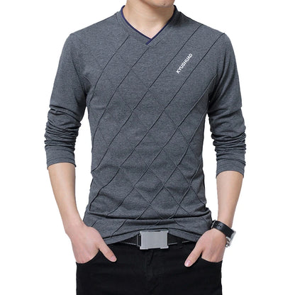 BROWON 2026 Fashion Men T-shirt Slim Fit Custom T-shirt Crease Design Long Stylish Luxury V Neck Fitness T-shirt Tee Shirt Homme