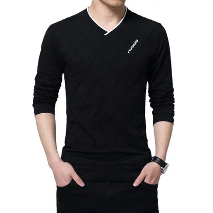 BROWON 2026 Fashion Men T-shirt Slim Fit Custom T-shirt Crease Design Long Stylish Luxury V Neck Fitness T-shirt Tee Shirt Homme