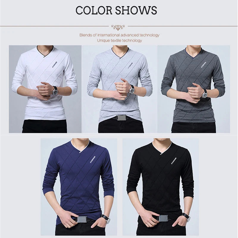 BROWON 2026 Fashion Men T-shirt Slim Fit Custom T-shirt Crease Design Long Stylish Luxury V Neck Fitness T-shirt Tee Shirt Homme