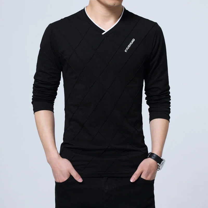 BROWON 2026 Fashion Men T-shirt Slim Fit Custom T-shirt Crease Design Long Stylish Luxury V Neck Fitness T-shirt Tee Shirt Homme